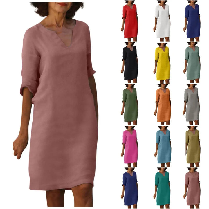Drune | Damen Baumwoll Leinen V-Ausschnitt Kleid Mit Halben Ärmeln