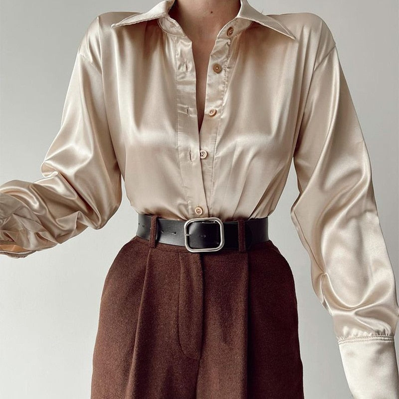 Drune | Satinierte Bluse Mit Polo Kragen Seidenbluse Fürs Büro Weinlese Design Mit Lockerer Knopf Elegante Mode