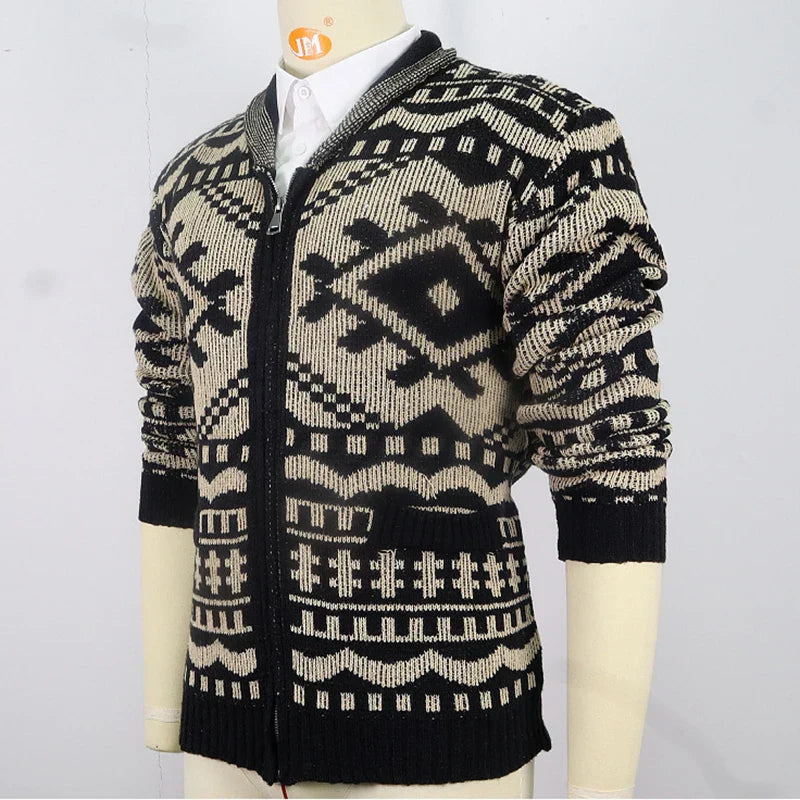 Drune | Strickjacke mit Ethno-Muster - Warmer Cardigan mit Reißverschluss und Retro-Design