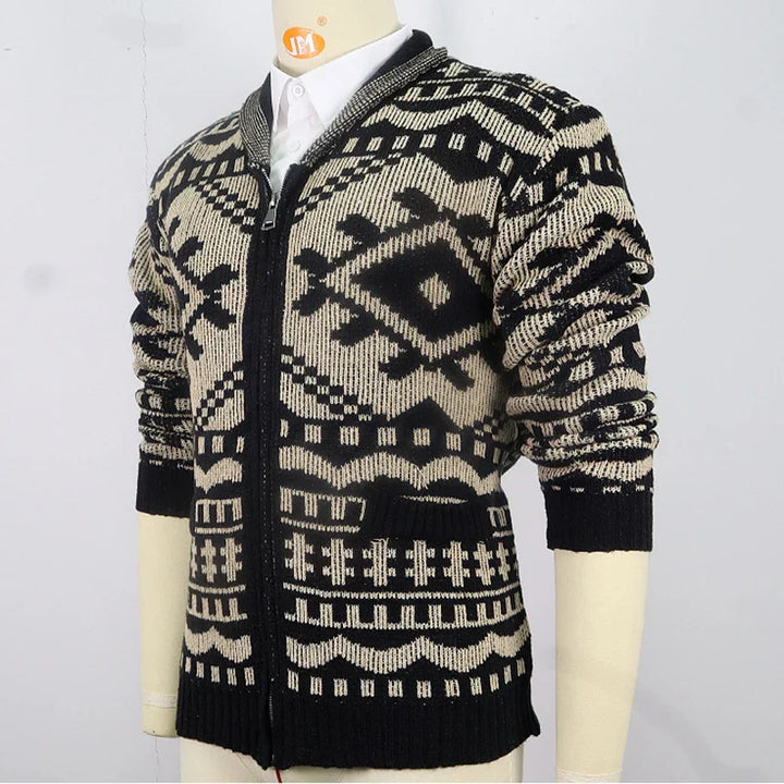 Drune | Strickjacke mit Ethno-Muster - Warmer Cardigan mit Reißverschluss und Retro-Design
