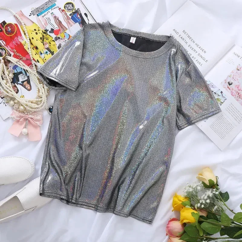 Drune | S 5Xl Damen Funkelnd Shiny Metallisch Holografisch Rundhals Kurzarm Lässig Lose Top Festival Party T-Shirt Damenbekleidung