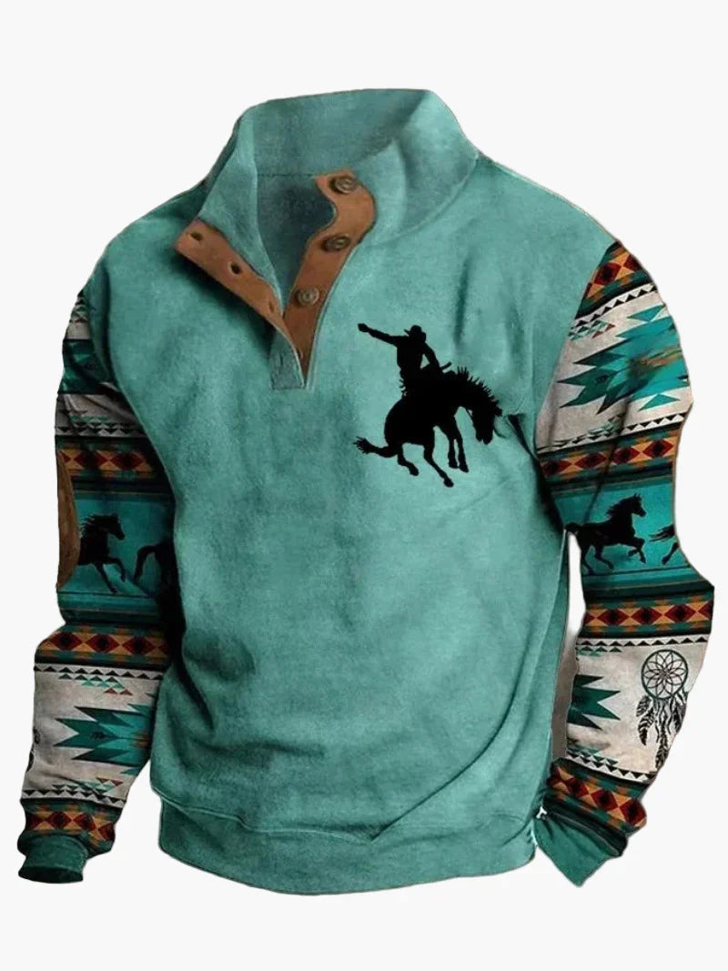 Drune | Retro Cowboy Sweatshirt mit Digitaldruck und Stehkragen - Western Casual Pullover für Outdoor und Freizeit