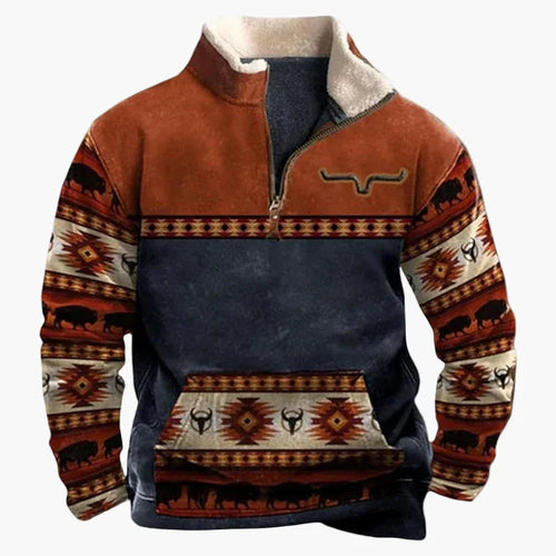 Drune | Vintage Western Half-Zip Pullover mit Ethno-Muster für Outdoor und Freizeit