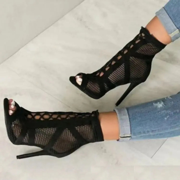 Drune | Sandalen Höhle Mesh Absätze Gürtel Schnalle Damen Sommer Beige Schnürsenkel Sexy Offene Zehe Stiletto Jazz Tanz Fest Damenschuhe
