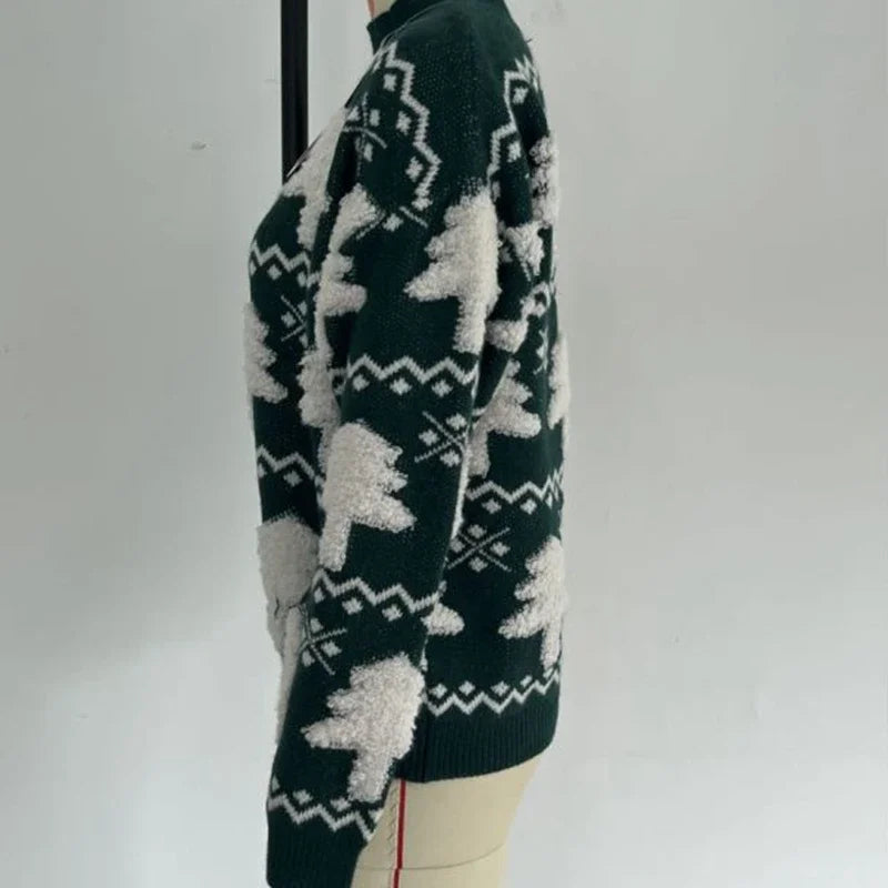 Drune - Hässlicher Weihnachtspulli - Gestrickter Pullover mit 3D-Weihnachtsbaum-Print