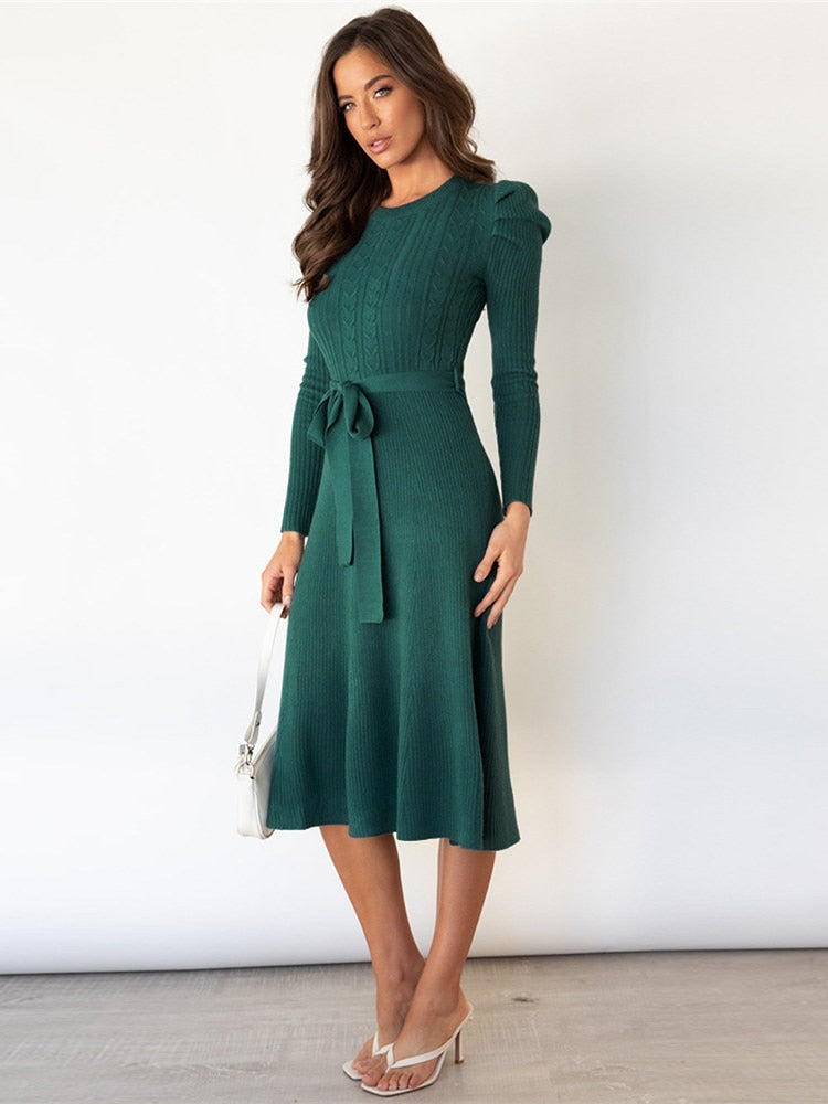 Drune | Elegantes Gestricktes Midi Kleid Mit Gürtel Für Damen