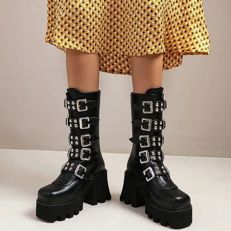 Drune | Gothic Schuhe Frauen Schwarz Hochstiefel Weiblich Hohe Absatz Frauen Combat Punk Chunky Dame