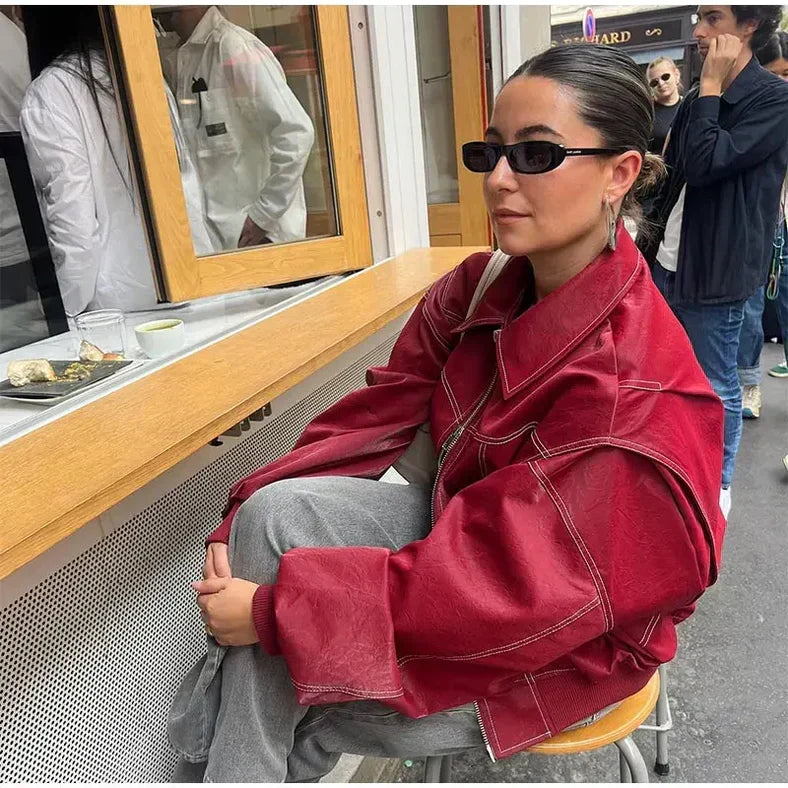 Drune | Damen Oversized Lederjacke Rot