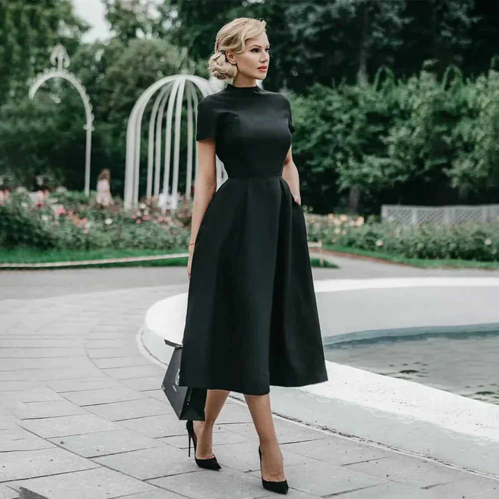 Drune | Frauen Elegantes Schwarzes Kleid Halbhoher Kragen Hohe Taille A-Linie Kleider Schlankes Fit Kleid Büro Damen Female Solid Vestidos