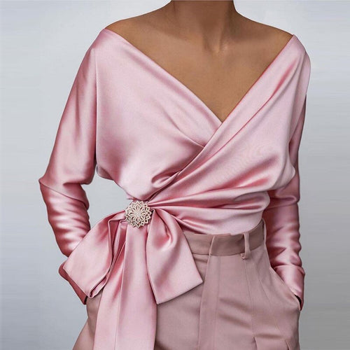 Drune - Rosa Satin V-Ausschnitt Bluse
