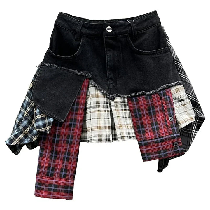 Drune | Jahrgang Unregelmäßig Patchwork Kariert Röcke Denim Kurz für Frauen Hohe Taille Eingewickelt Hüfte Mini Rock Sommer Weiblich