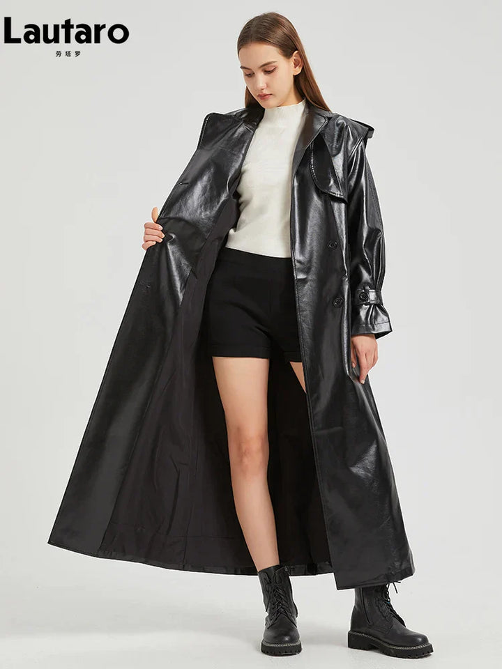 Drune | Lautaro Herbst Extra Lange Gold Glänzend Patent Pu Leder Trenchcoat für Frauen Einfache Schnalle Luxus Designer Übermantel