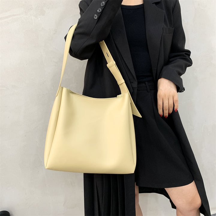 Drune Hochwertige Damen Shopper Große Kapazität Schultertasche Reine Farbe Breiter Riemen Weiches PU-Leder