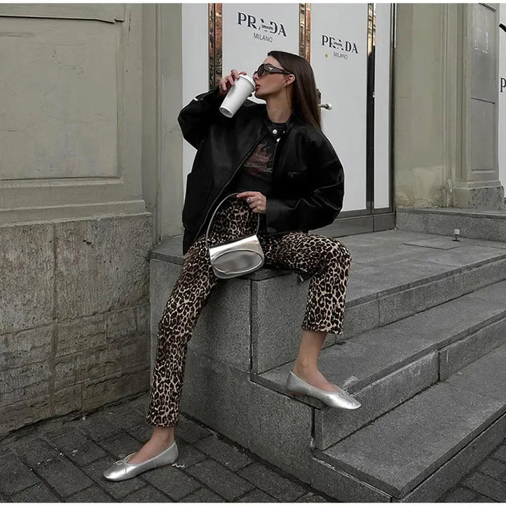 Drune Leopard-Print-Jeans | Stylische schmale Streetwear Damenhose im Pencil-Stil