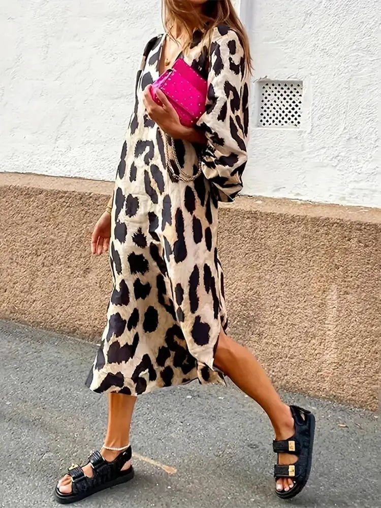 Drune | Kleid mit Leopardenmuster und Dreiviertelärmeln