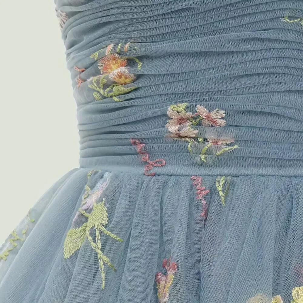 Drune | Fairy Forest Green Kurze Prom Kleider Spaghetti-Träger Bunte Blumen Spitze Abend Feier