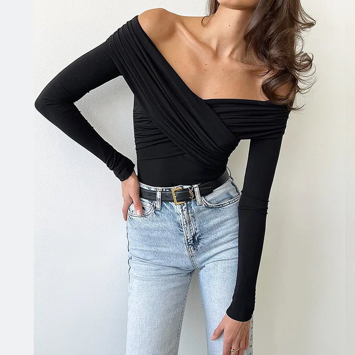 Drune Off-Shoulders Bodysuit | Moderner eleganter plissierter Damen-Bodysuit
