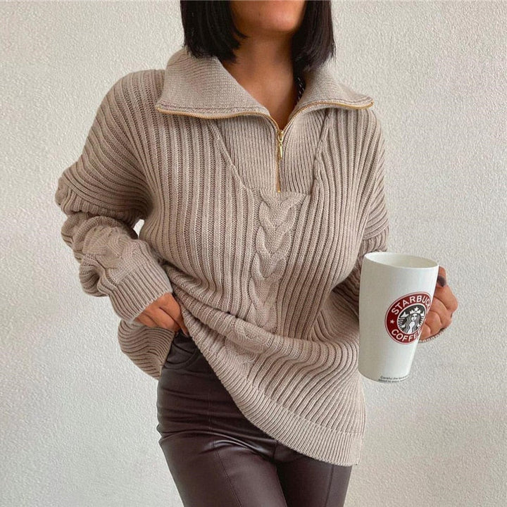 Drune V-Sweater | Bequemer Zopfpullover mit V-Ausschnitt, Rollkragen und Reißverschluss