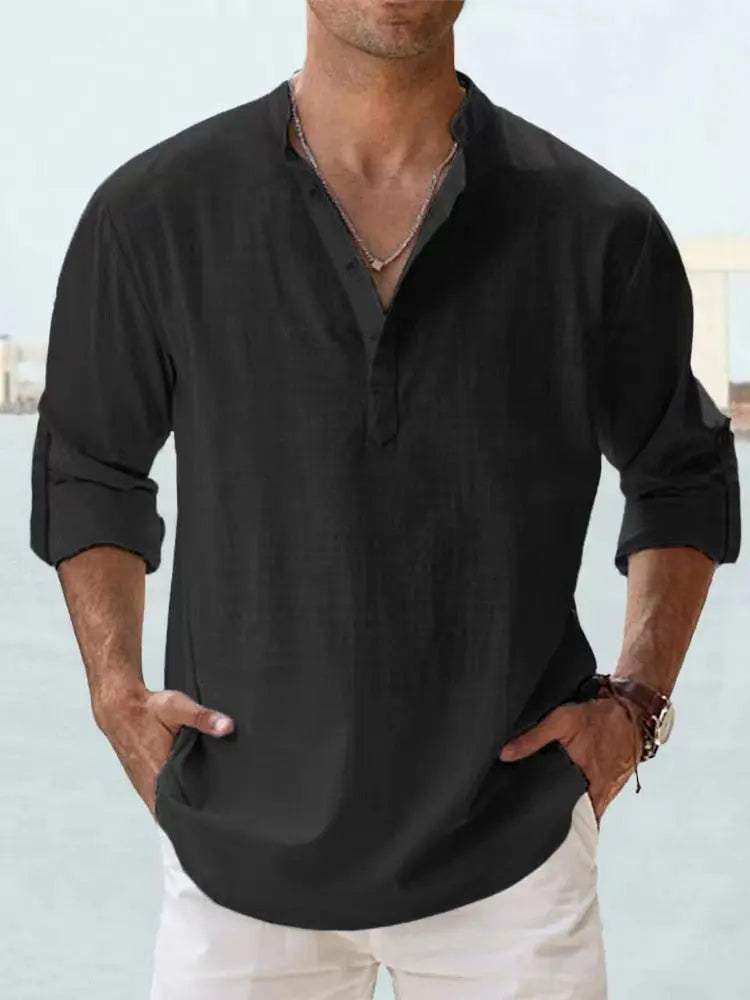 Drune | Luftiges Leinenhemd Mit Henley Kragen
