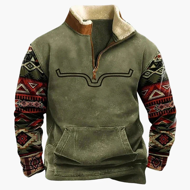 Drune | Vintage Western Half-Zip Pullover mit Ethno-Muster für Outdoor und Freizeit