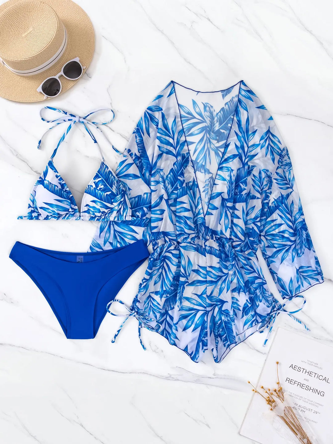 Drune | 3 Stück Bikini Tropischer Druck Badebekleidung Halter Schnürseite Badebekleidung Frauen Badeanzug Weiblich Schwimmen Sommer Strandbekleidung