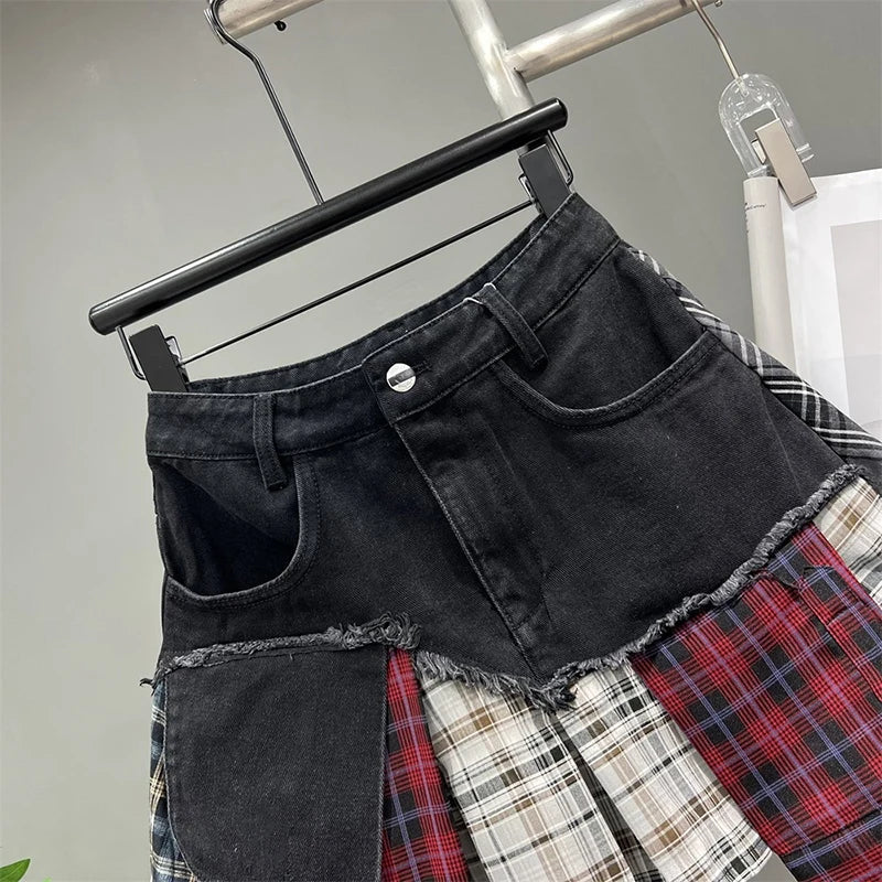 Drune | Jahrgang Unregelmäßig Patchwork Kariert Röcke Denim Kurz für Frauen Hohe Taille Eingewickelt Hüfte Mini Rock Sommer Weiblich