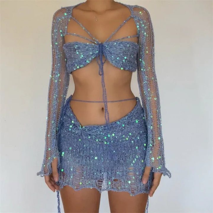 Drune | Paillettengehäkelter Langärmliger Croptop und Minibodyconrock Zweiteiliges Satz