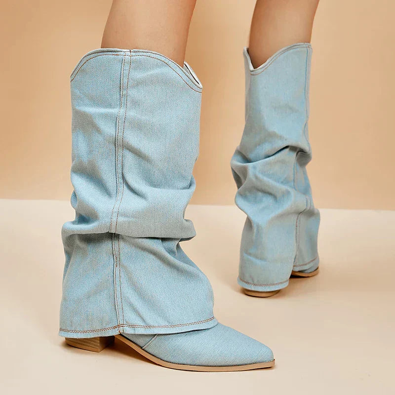 Drune | Denim kniehohe Stiefel
