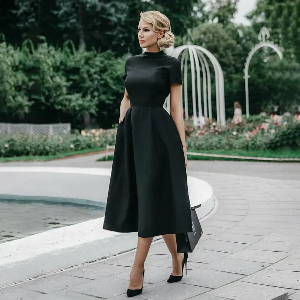 Drune | Frauen Elegantes Schwarzes Kleid Halbhoher Kragen Hohe Taille A-Linie Kleider Schlankes Fit Kleid Büro Damen Female Solid Vestidos