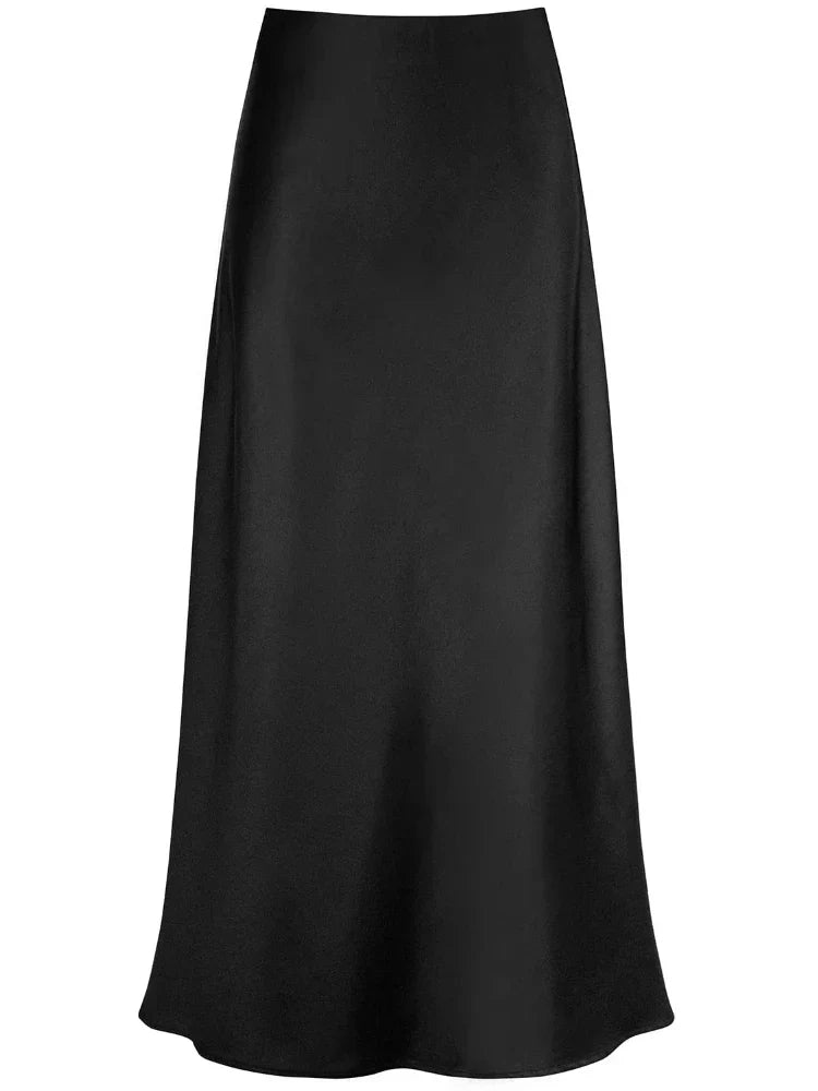 Drune | Frauen Satin Seiden Röcke Sommer Frühling Koreanische Mode Kleidung Büro Damen Lange Röcke Elegant Schwarz Maxi Röcke für Frauen