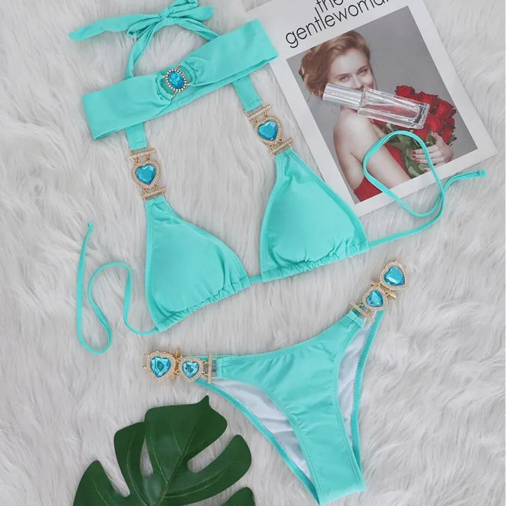 Drune | Pink Sexy Bikinis Schwimmbekleidung mit Herz Strass Damen Bademode Female Push-Up Bikini Strand Bademode Badeanzüge Pool Badebekleidung