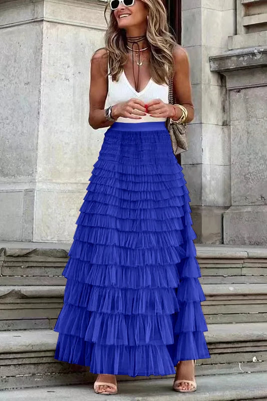 Drune | Lässig Damen Solide Ballkleid Lange Rock Tüll Hohe Taille Plissierte Tutu Rock Elegante Damen Wildes Netz Dating Maxi Röcke Drop