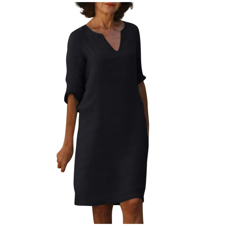 Drune | Damen Baumwoll Leinen V-Ausschnitt Kleid Mit Halben Ärmeln