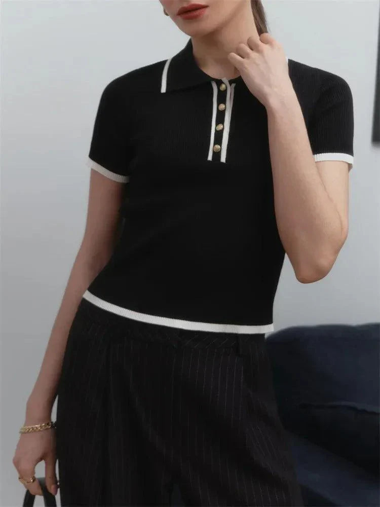 Drune | Strick Poloshirt Gerippter Stretchstoff