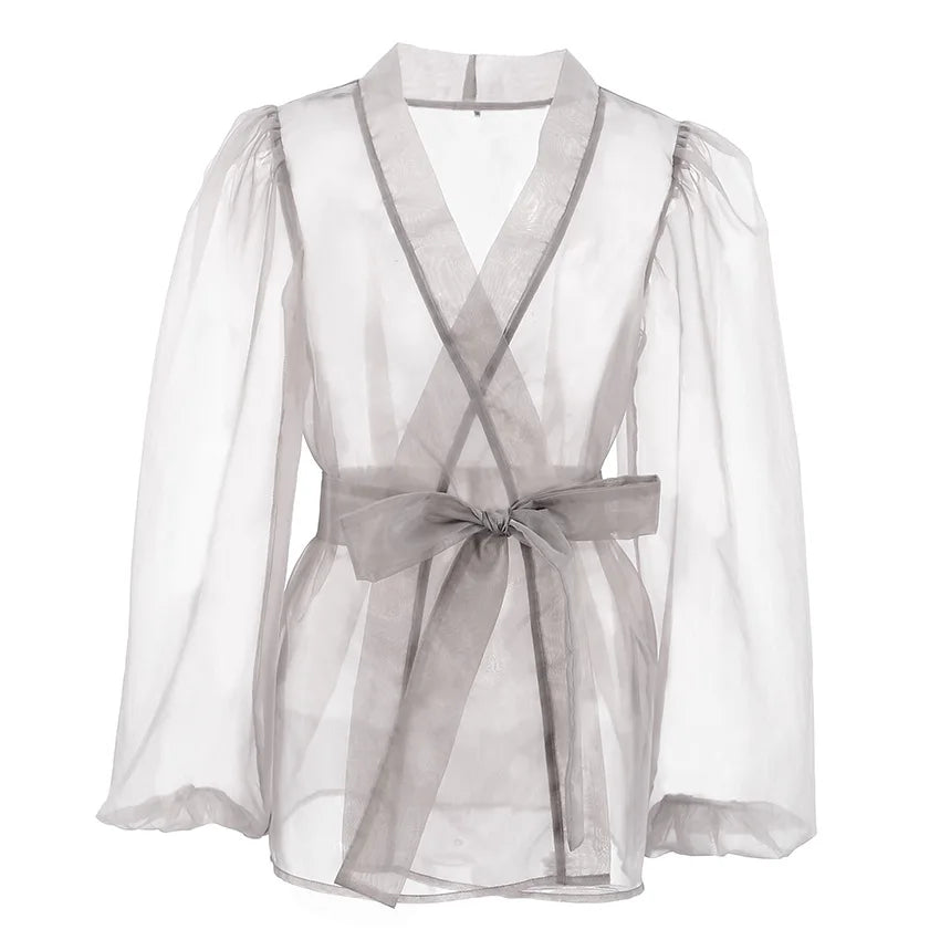 Drune | Durchsichtige Organza-Bluse mit Bindegürtel