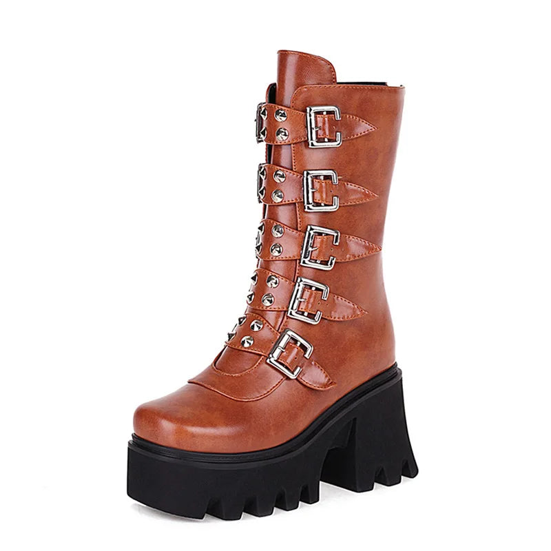 Drune | Gothic Schuhe Frauen Schwarz Hochstiefel Weiblich Hohe Absatz Frauen Combat Punk Chunky Dame