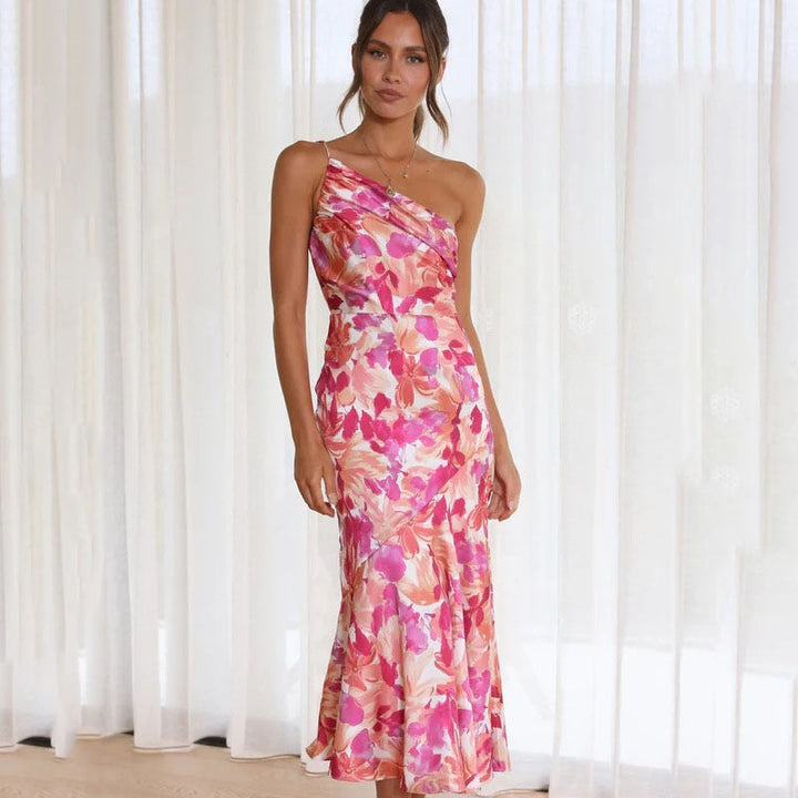 Drune | Rosa Blüten Ein Schulter A-linie Satin Kleid Für Damen