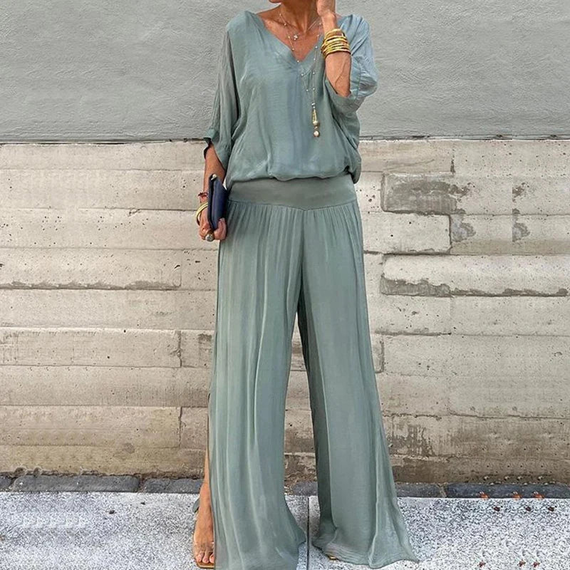 Drune | Elegantes Zweiteiliges Set Aus Chiffonoberteil Und Hose Mit Weitem Bein