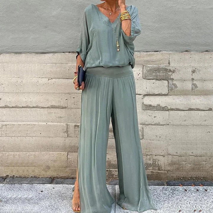Drune | Elegantes Zweiteiliges Set Aus Chiffonoberteil Und Hose Mit Weitem Bein