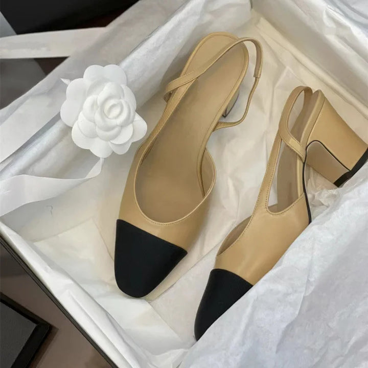 Drune | Aprikose Frauen Pumps Mittelhohe Absätze Gemischte Farben Runde Spitze Legere Schuhe Damen Sandalen Festkleid Slingbacks Damen Schuhe Trend