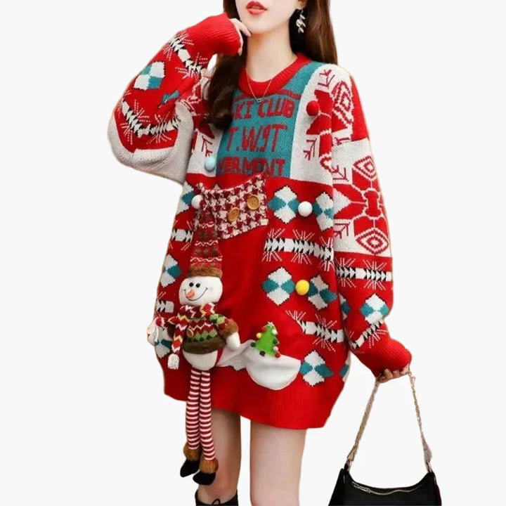Drune | Weihnachtspullover Ugly Christmas Sweater mit 3D Schneemann und Wintermotiv - Lustiger Feiertagspullover für Partys