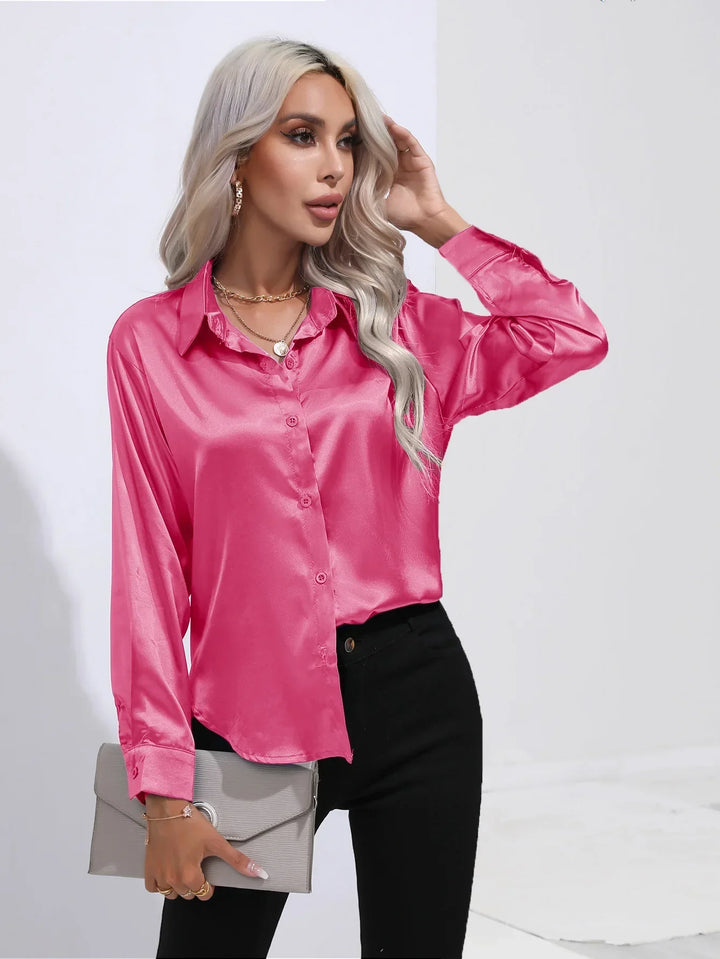 Drune | Elegante Satinbluse Mit V-ausschnitt & Langen Ärmeln