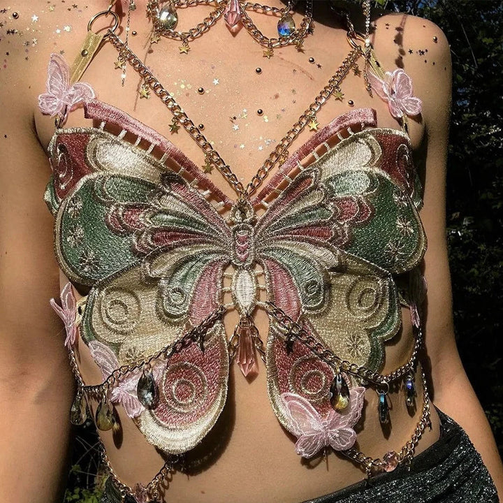 Drune | Besticktes Y2k Schmetterling Crop Top