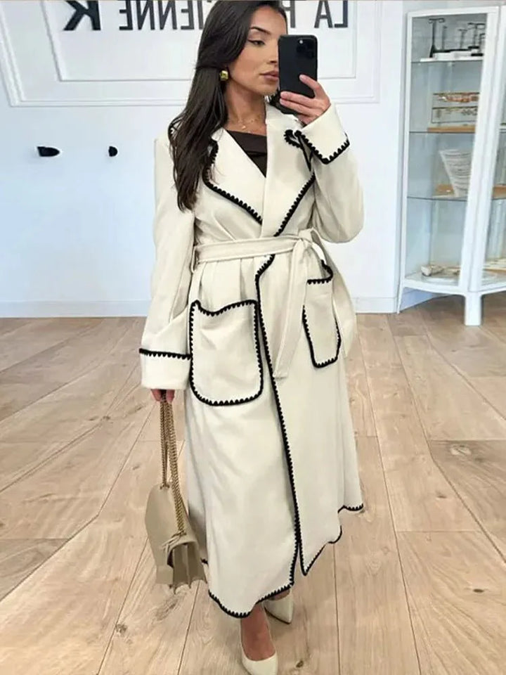 Drune | Longline Mantel - Kontrastierende Besatz - Gürtellinie - Casual bis Formal