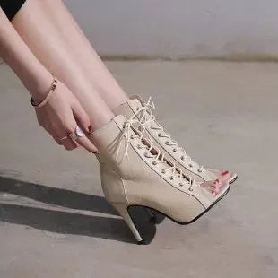 Drune | Sandalen Höhle Mesh Absätze Gürtel Schnalle Damen Sommer Beige Schnürsenkel Sexy Offene Zehe Stiletto Jazz Tanz Fest Damenschuhe