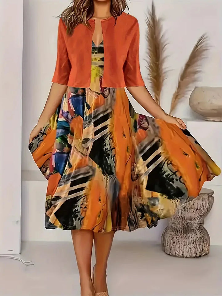 Drune | Neu für Den Sommer! Eu Us Herbst Frau 2 Lang Kleid Set Blumen und Graspunkt Crew Neck Kleid mit Chiffon Kurzjacke