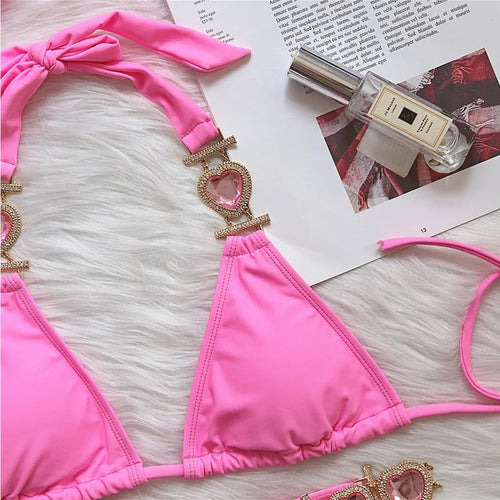 Drune | Pink Sexy Bikinis Schwimmbekleidung mit Herz Strass Damen Bademode Female Push-Up Bikini Strand Bademode Badeanzüge Pool Badebekleidung