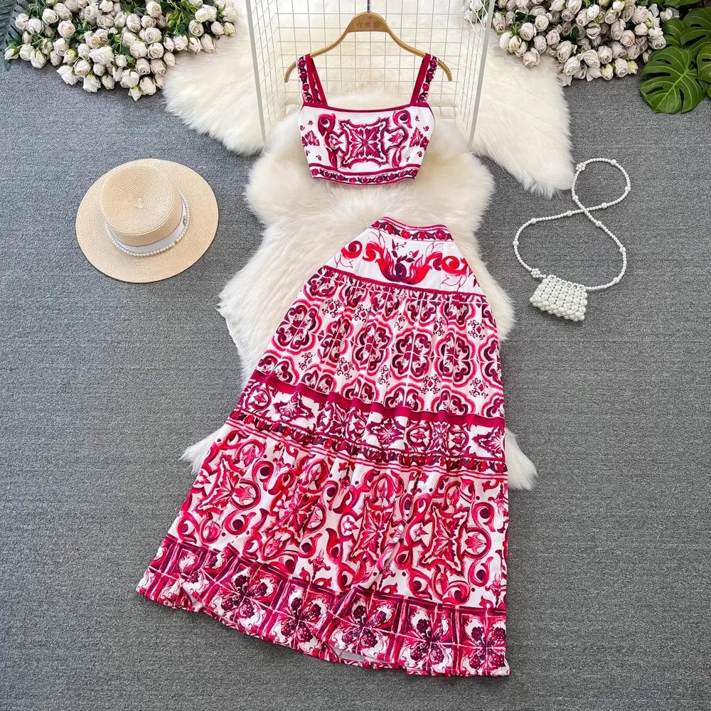 Drune Flower Zweiteiler | Stilvolles Top und Maxirock bedrucktes Sommer-Damen-Set