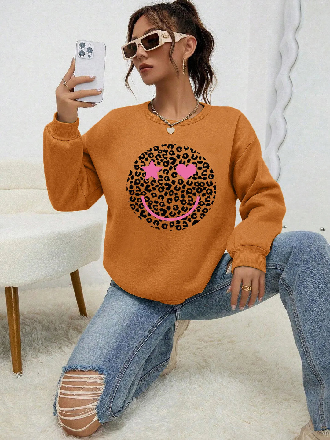 Drune | Lässiges Sweatshirt mit Leopardenmotiv Baumwollmischung Trendy und Komfortabel