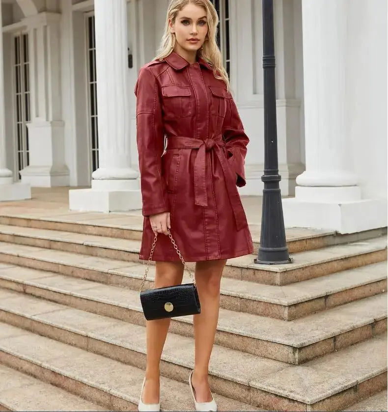 Drune | Krawatte Taille Lange Ärmel Kunstleder Hemdkleid